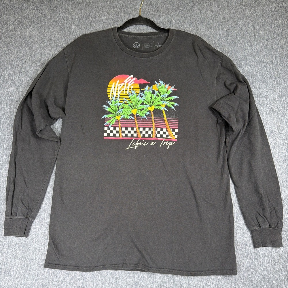 Neff Shirt Men's Size L Long Sleeve Black Life Is A Trip Palm Tree Graphic Beach